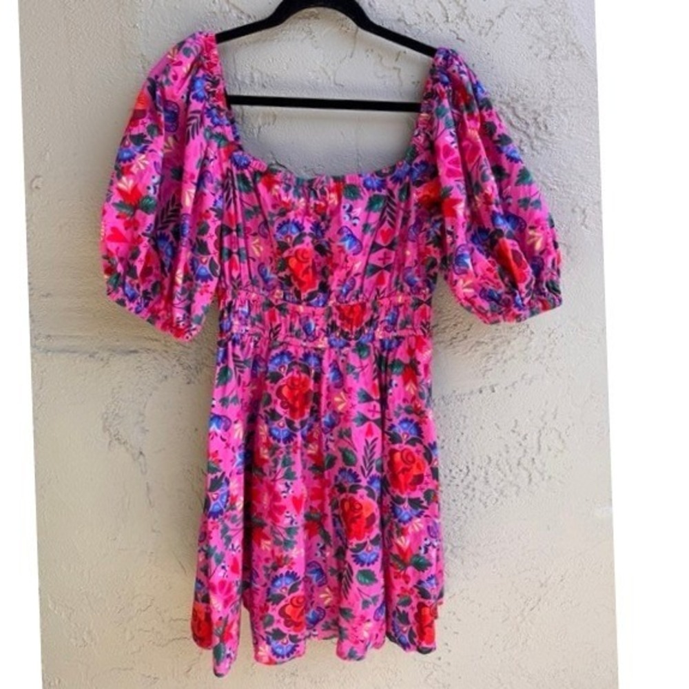 SincerelOur Vibrant Pink Floral Puff Sleeve Mini Smocked Babydoll Dress MEDIUM